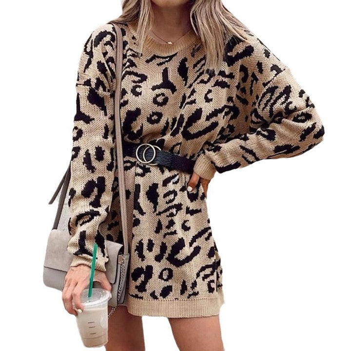Damer Oversized Strikkekjole med Dyremotiv og Motetrend Belte Skjora