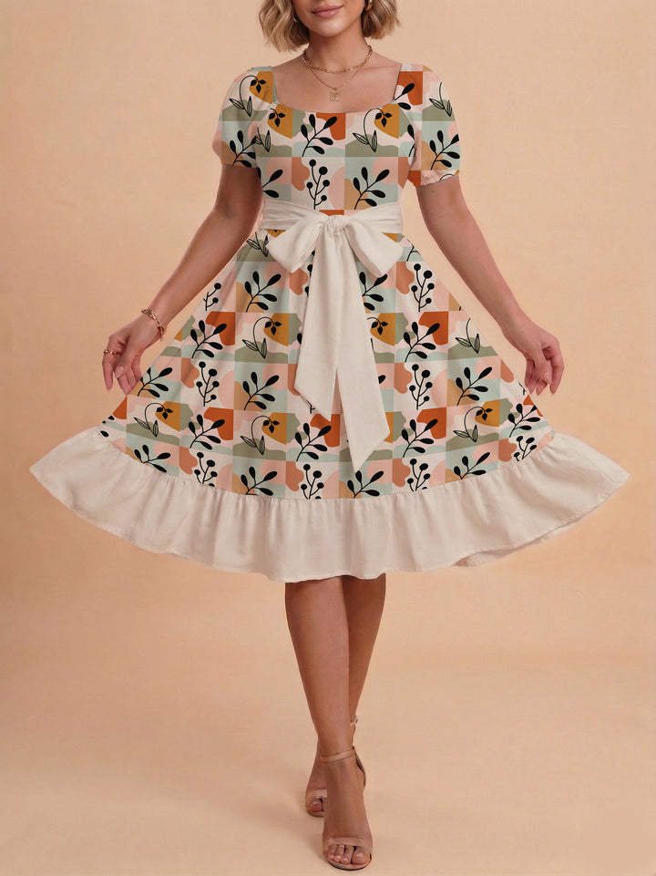 Damen Sommerkleid mit floralem Puffärmel und taillierbarem Gürtel Skjora