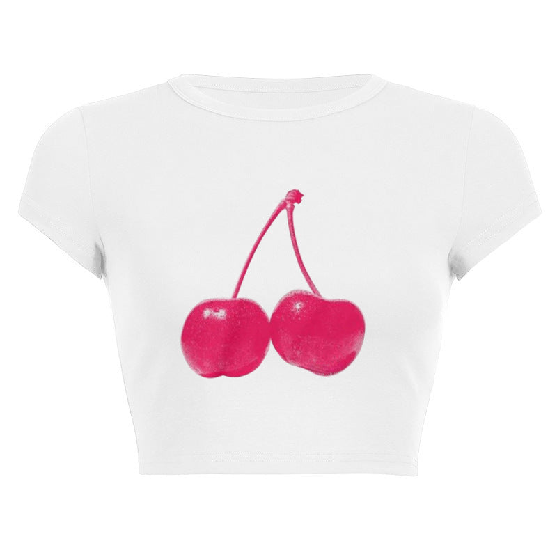 Dame cropped T-skjorte med friskt kirsebærmotiv Skjora