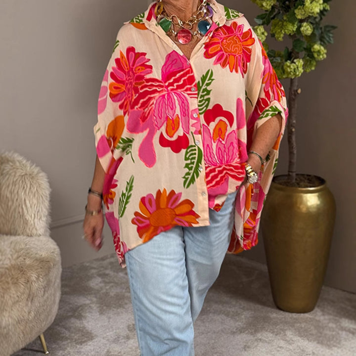 Kvinnenes Flytende Kimono Bluse med Fargerik Blomsterdesign Skjora