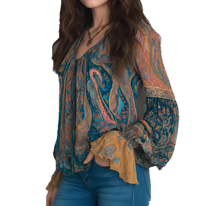 Dame Boho-Chic Bluse med flammet ermer og V-hals Skjora