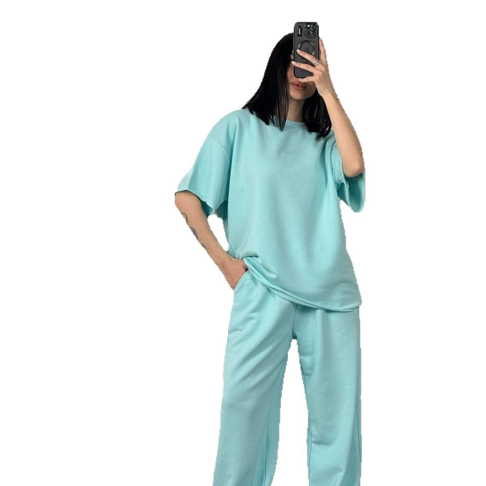 Dame casual relaxed-fit topp og brede bukser sett med praktiske sidelommer