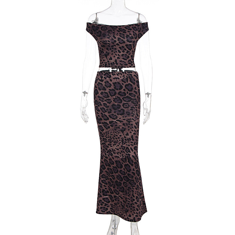 Dame Elegant Maxikjole med skulderfri design og leopardmønster Skjora