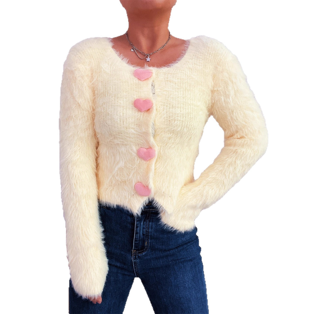 Damer fluffy cardigan med hjerteknapper Skjora