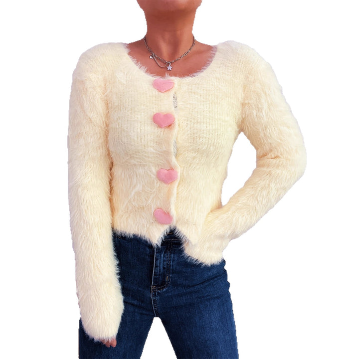 Damer fluffy cardigan med hjerteknapper Skjora