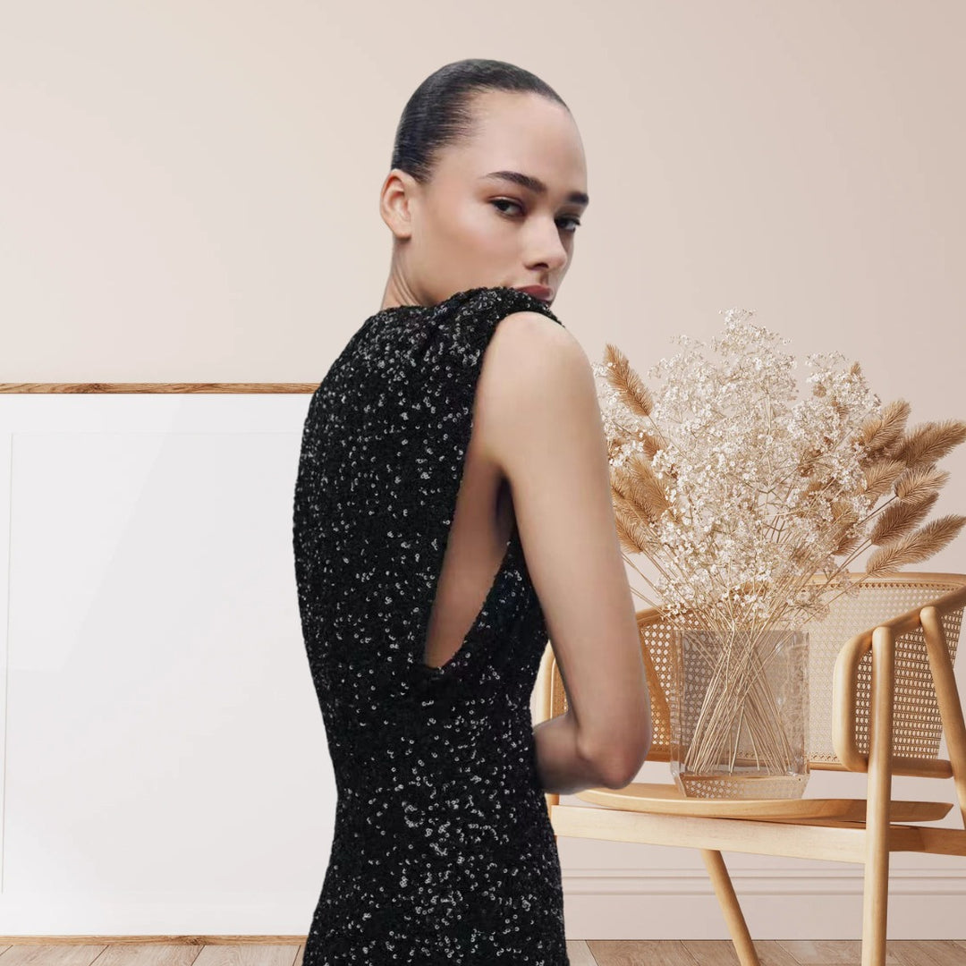 Women's Elegant Cocktail Dress with Shimmering Sequin Design and High Neck Collar