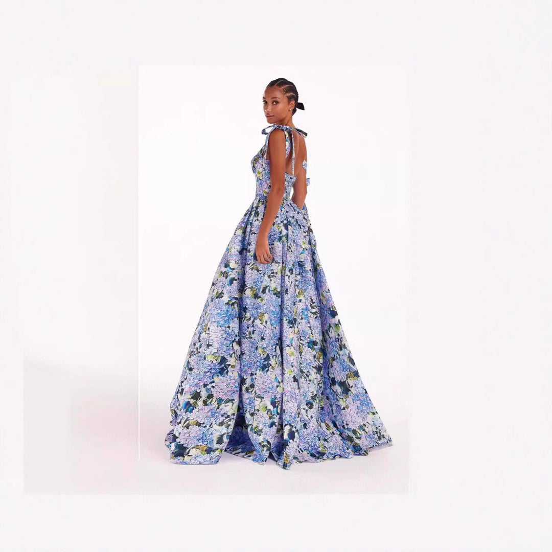 Kvinnelig Elegant Maxi Kjole med Av-Shoulder Stropper og Blomstertrykk