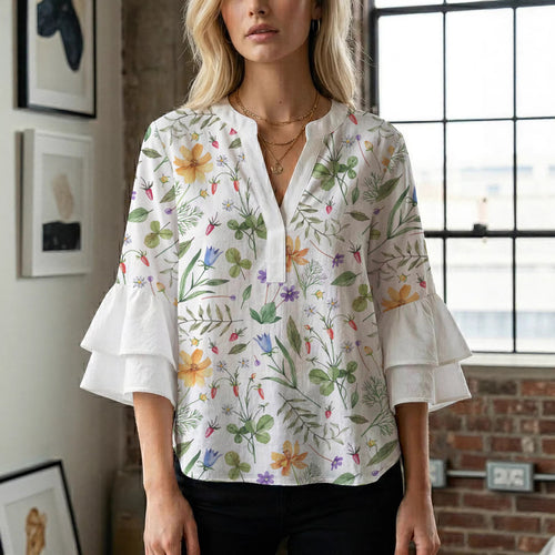 Dame bluse skjorte med voluminøse ermer og blomster mønster Skjora
