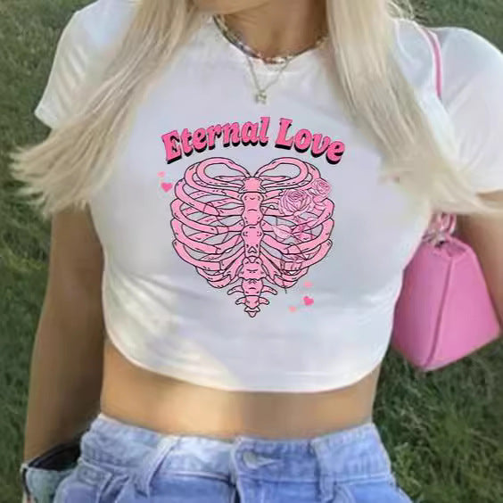 Dame Crop-T-skjorte med kreativ nostalgi-trykk og avslappet snitt Skjora