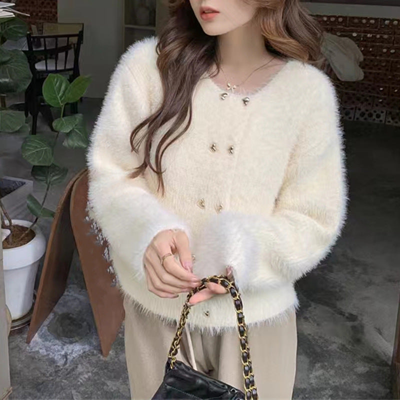 Women's Fluffy Cardigan with Golden Button Details Skjora