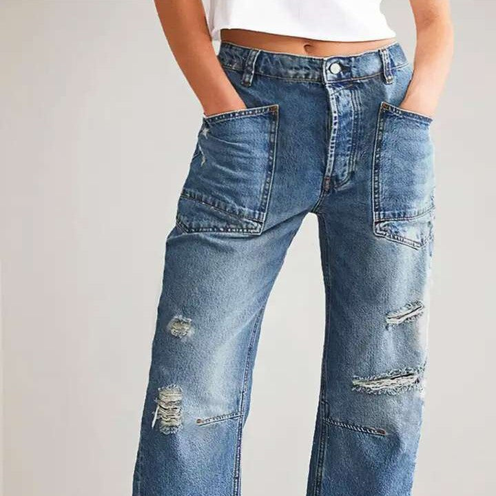 Kvinne brede jeans med kreative lommer og ødelagte detaljer Skjora