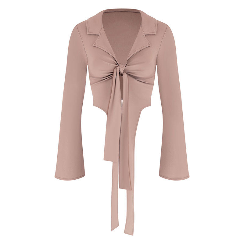 Dame moteriktig cropped bluse med knute Skjora
