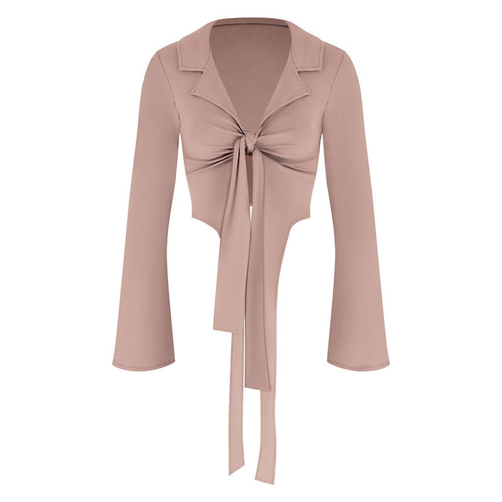Dame moteriktig cropped bluse med knute Skjora