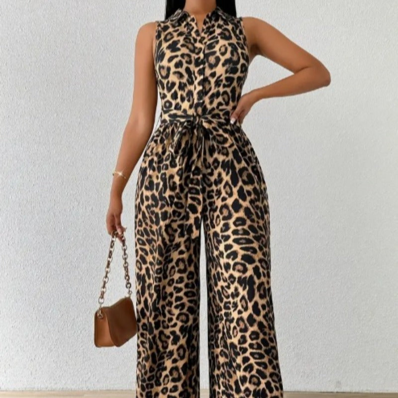 Dame Jumpsuit med leopardmønster og midjebeltet Skjora