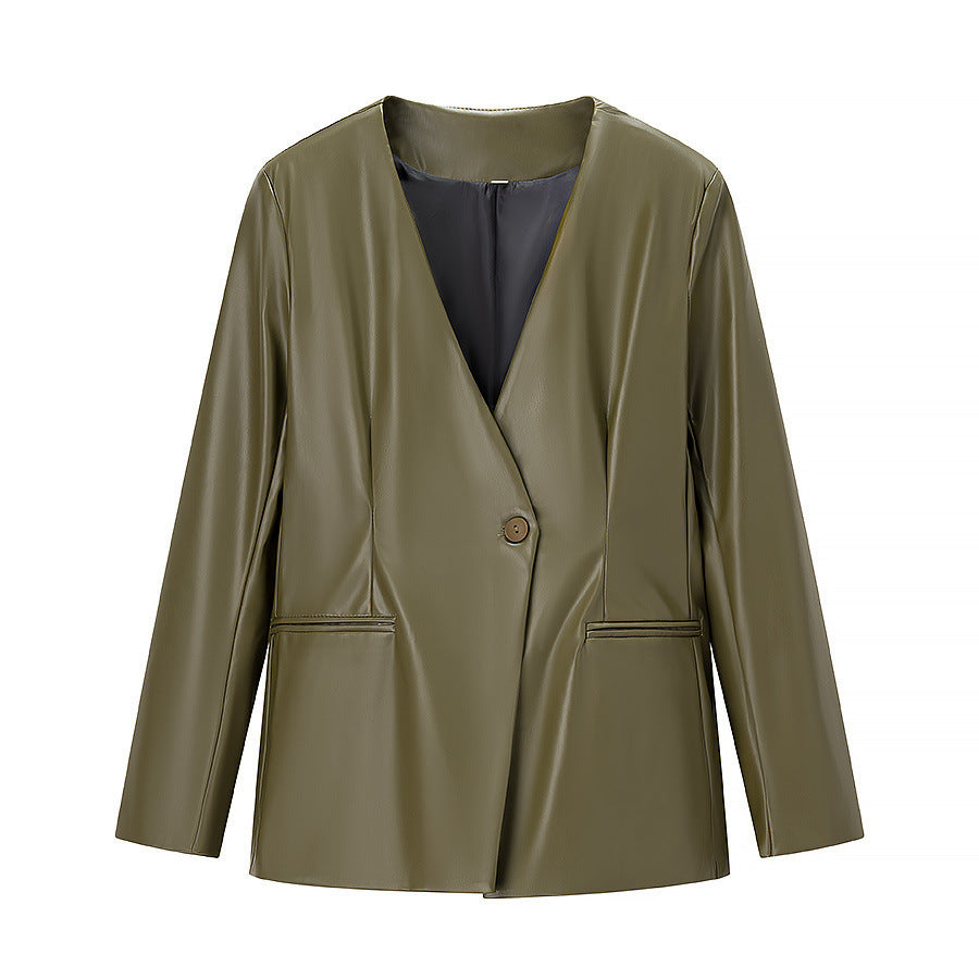 Dame Elegant Fusk Skinn Blazer Jakke med Moderne Snitt og Lommer Skjora