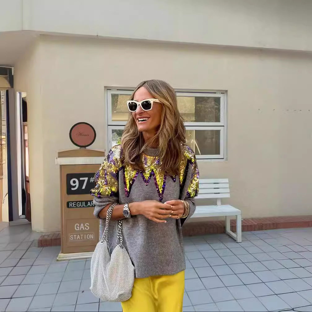Dame Glitrende Oversized Genser med Unikt Design og Glitrende Detaljer Skjora