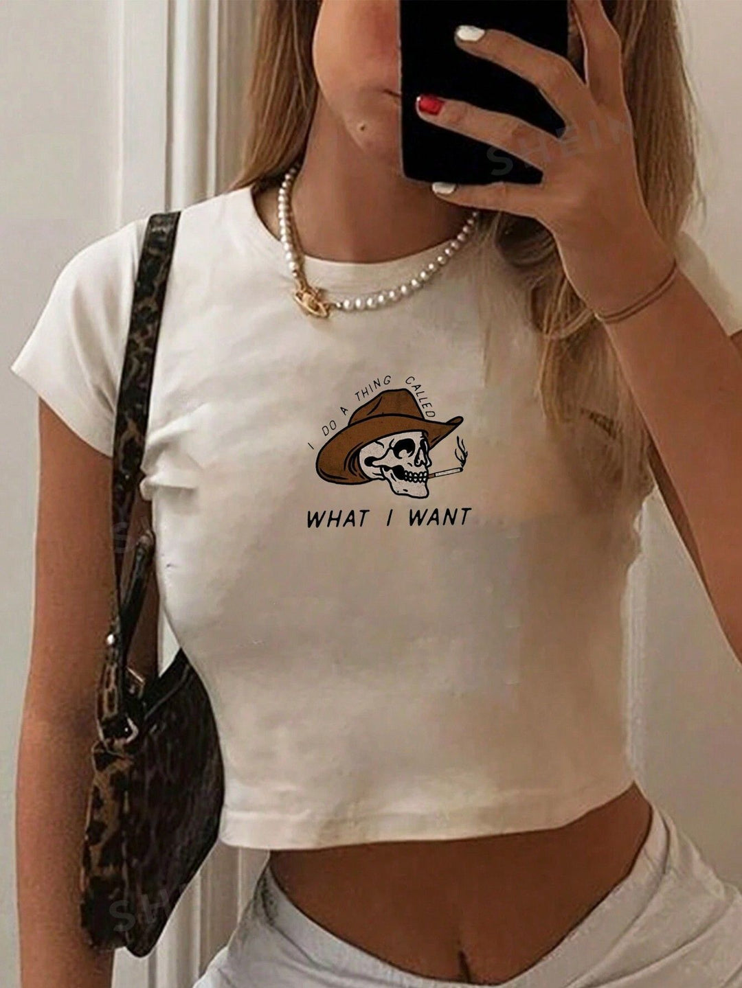 Dame Crop-T-skjorte med kreativ telefon-design Skjora