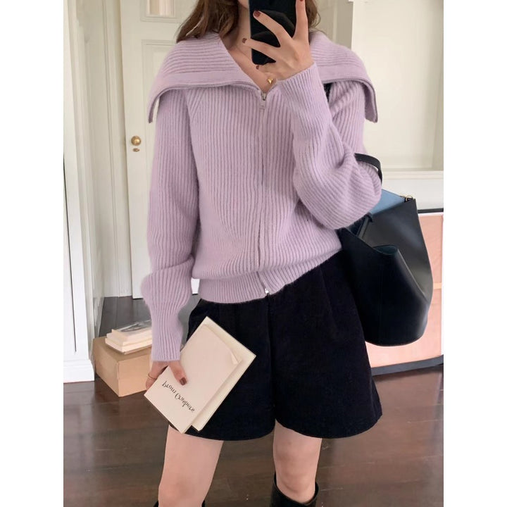 Kvinne cardigan med bred krage og teksturert design Skjora