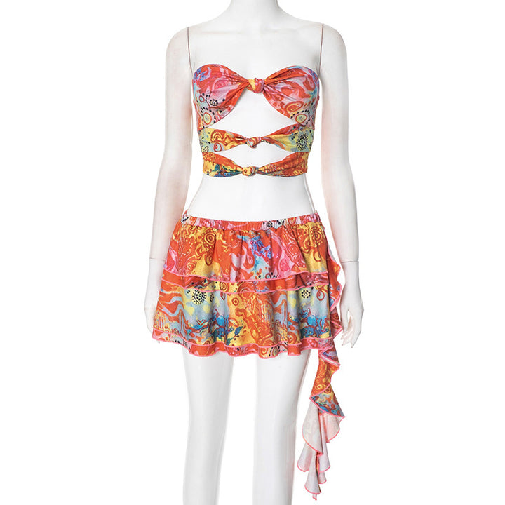 Dame bandeau-wrap-top med leken skjørt og blomstertrykk Skjora