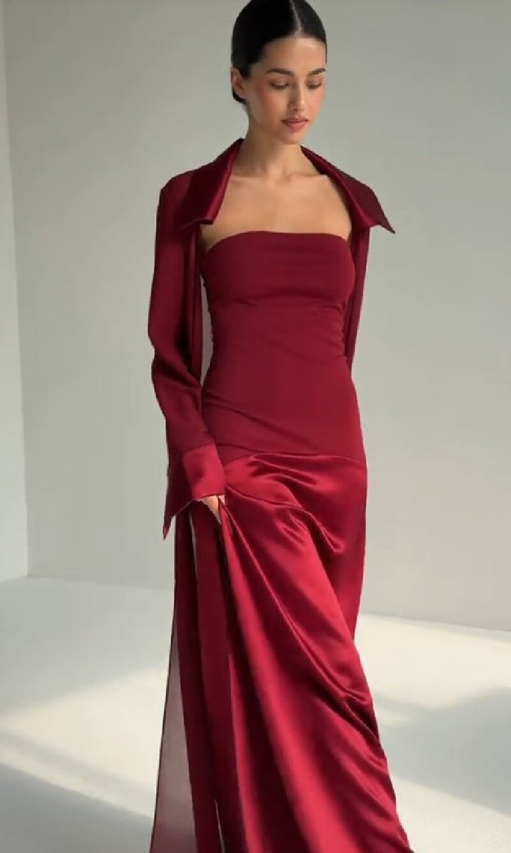 Dame elegant bandeau maxikjole med matchende jakke Skjora