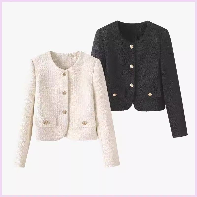 Damer elegant kort jakke i tweed stil med gullknapper Skjora