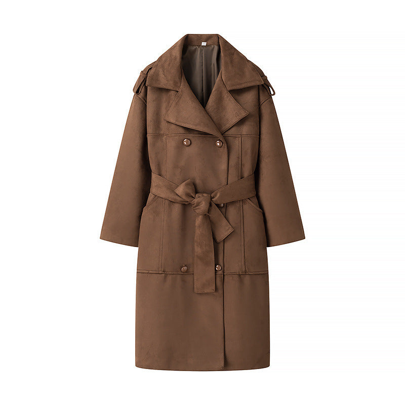 Kvinnes Elegant Suede Trench Coat med Praktiske Lommer og Livbelte Skjora