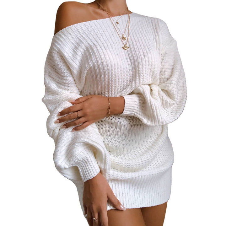 Kvinners uformelle strikket kjole med off-shoulder design og voluminøse ermer Skjora