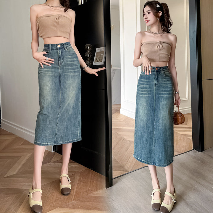 Damer Lang Denim Skjørt med Front Slitu Skjora