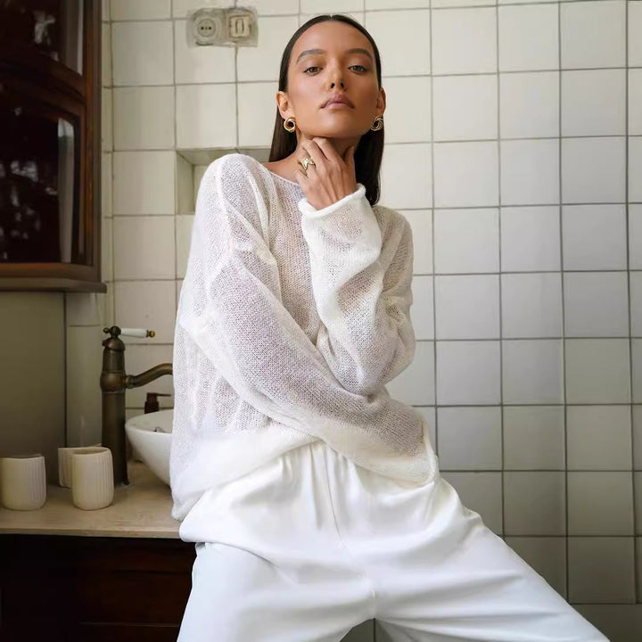 Damer casual genser med brede ermer og fin åpenstrikk design Skjora