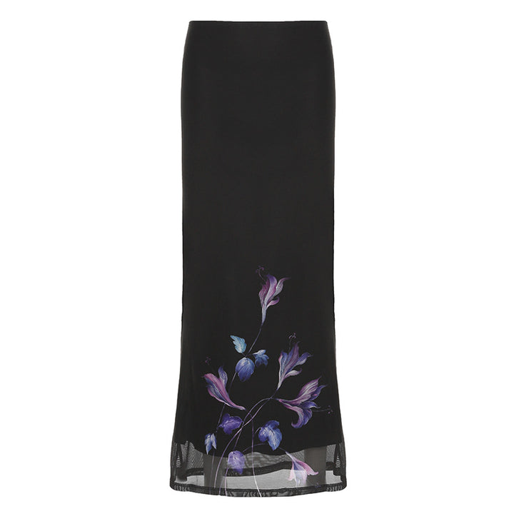 Damer Elegant Maxiskjørt med blomstrete detaljer og transparent understoff Skjora