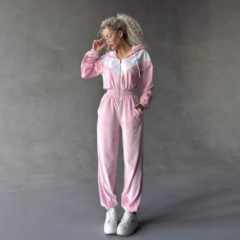 Kvinnelig fleece joggedress med moderne glidelås og elastisk midjebånd Skjora