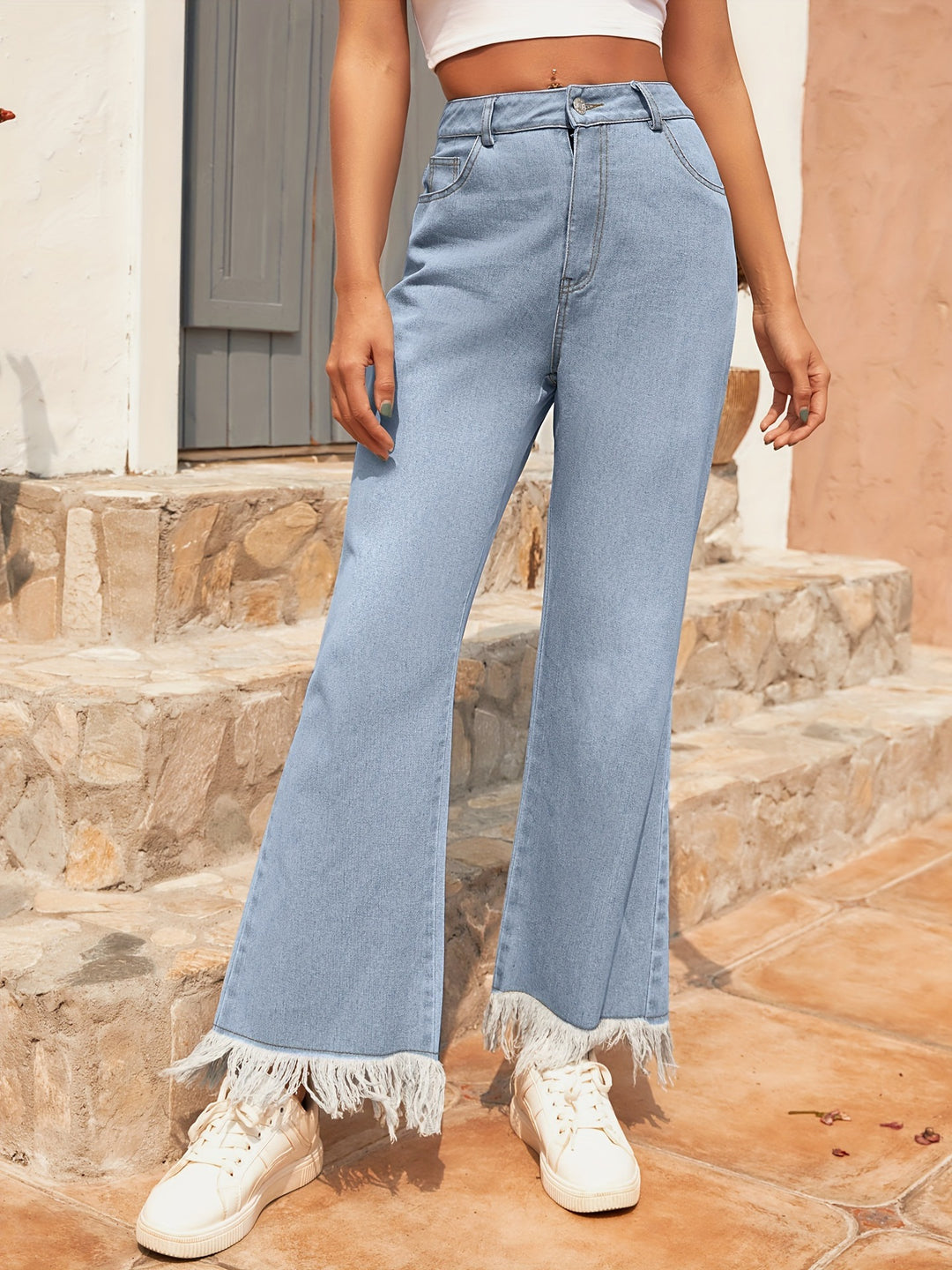 Kvinner Bred Flared Jeans med Slitt Kant Skjora