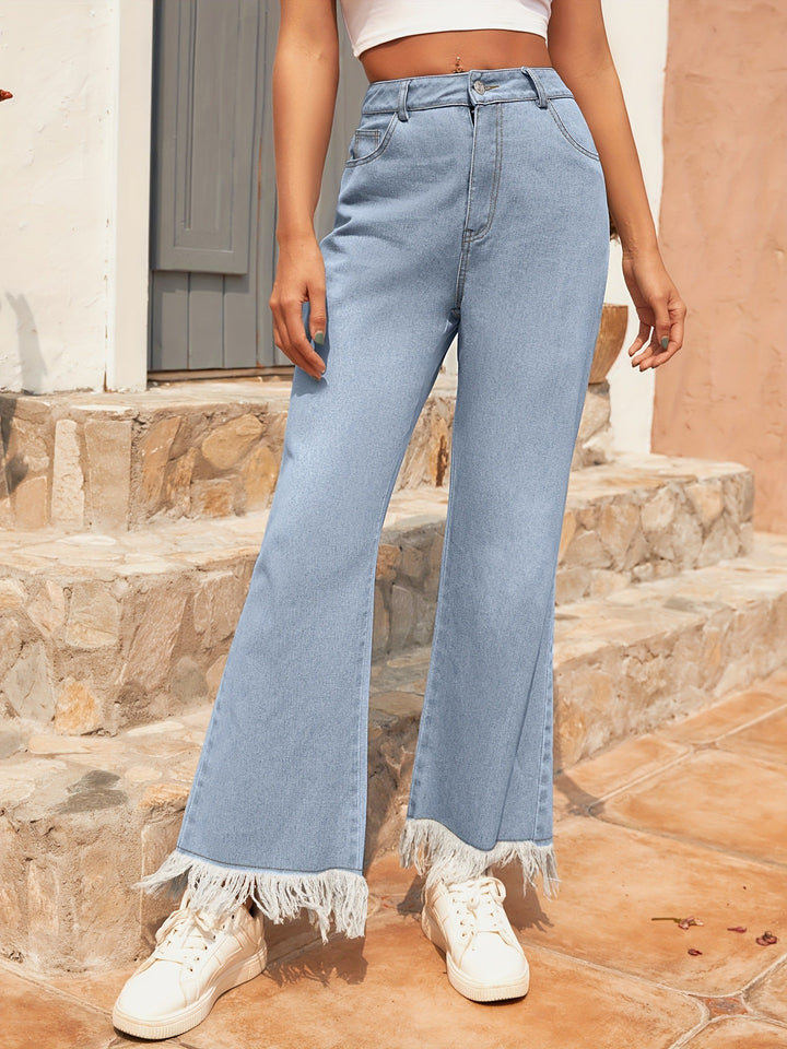 Kvinner Bred Flared Jeans med Slitt Kant Skjora