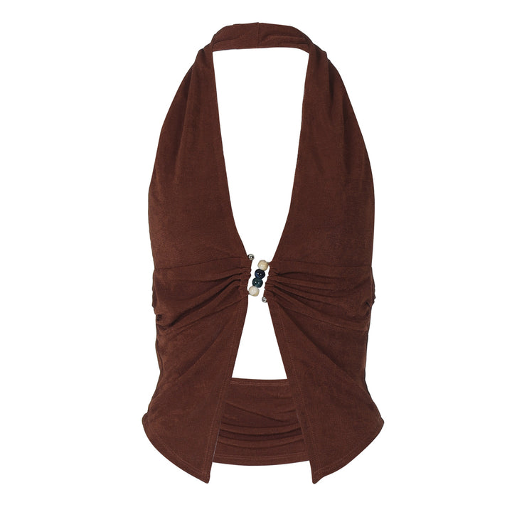 Women's halter top with elegant ruching and decorative beads Skjora