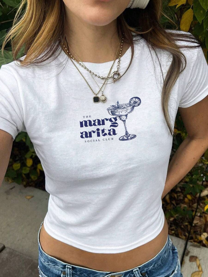 Dame Crop-T-skjorte med kreativt skjelettdesign og inspirerende tekst Skjora