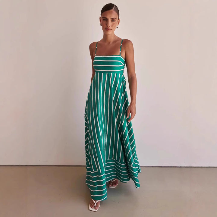 Kvinne Lange Ermer Maxi Kjole med Elegant Stripemønster og Flytende Snitt