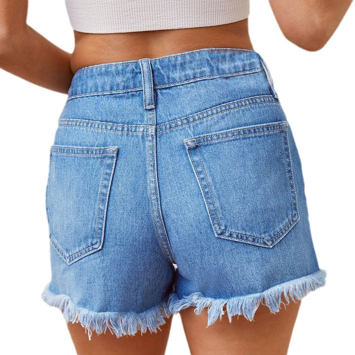 Kvinnens høye liv denimshorts med frynset kant og ødelagte effekter