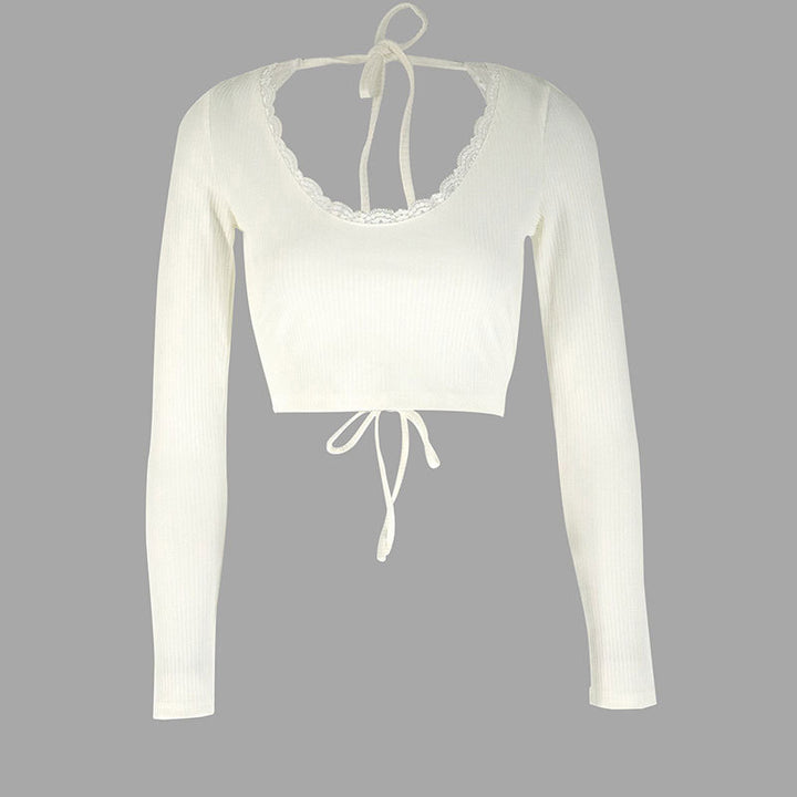 Dame Crop-Top med volangdetaljer og ryggbinding Skjora