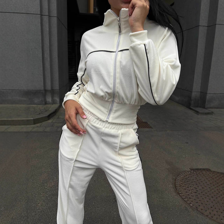Damer Sporty Fleece Loungewear Sett med cropped jakke og komfortable bukser Skjora