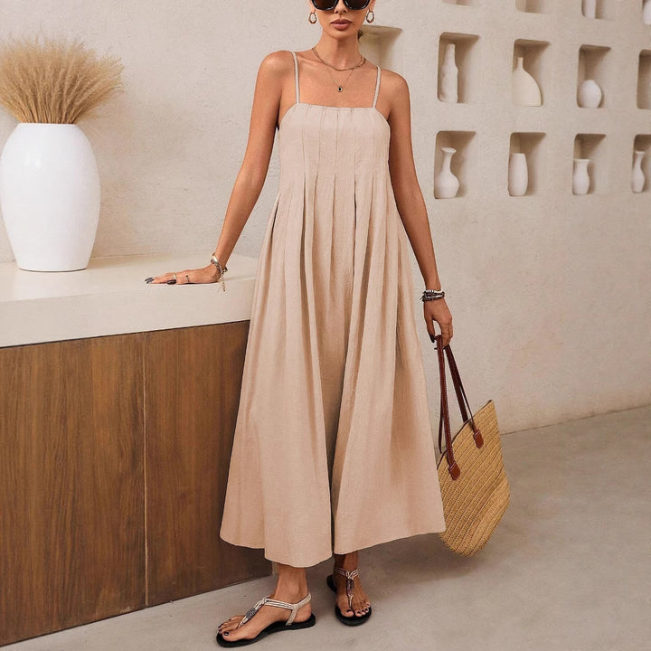 Dame Langermet Maxikjole med Folder og Spaghettistropper Skjora