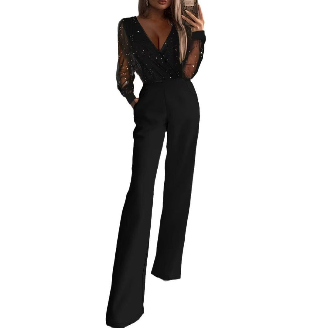 Damer Elegant Jumpsuit med gjennomsiktige ermer og gnistrende detaljer Skjora