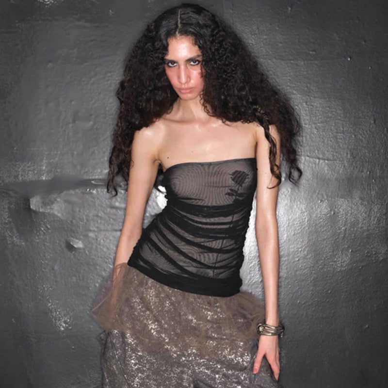 Dame Bandeau-top med rynk og transparent stoff Skjora