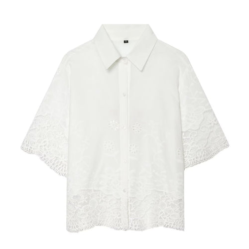 Dame kortermet bluse med filigra spissdekor Skjora