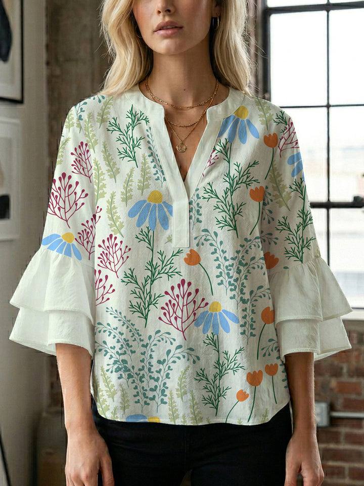 Dame bluse skjorte med voluminøse ermer og blomster mønster Skjora