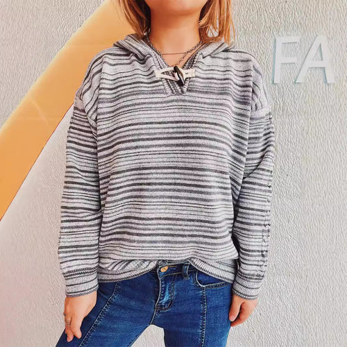 Women's Striped Hoodie with Wide Sleeves and Drawstring Skjora