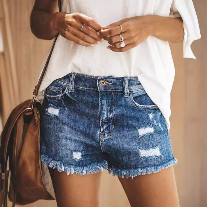 Dame Destroyed Denim-shorts med frynset kant og avslappet snitt Skjora