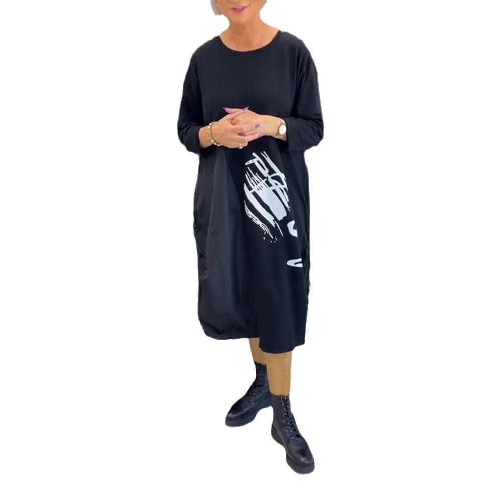 Kvinne Oversized Hoodie Kjole med Sidelommer og Grafisk Trykk Skjora