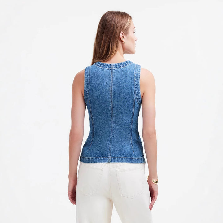 Dame jeans vest med asymmetrisk snitt og dekorative knapper Skjora