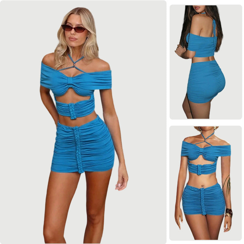 Kvinne Crop Top og Mini Skjørt Sett med Rynker og Av-Hyll Design