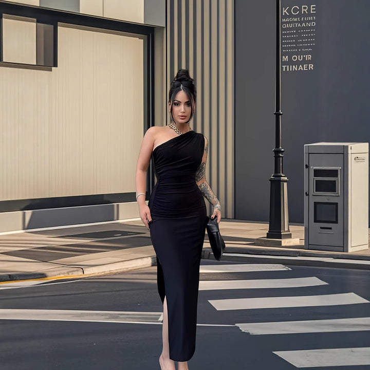 Damer Elegant Én-Shoulder Maxi Kjole med Figur-Nær Skjæring og Side Spalte